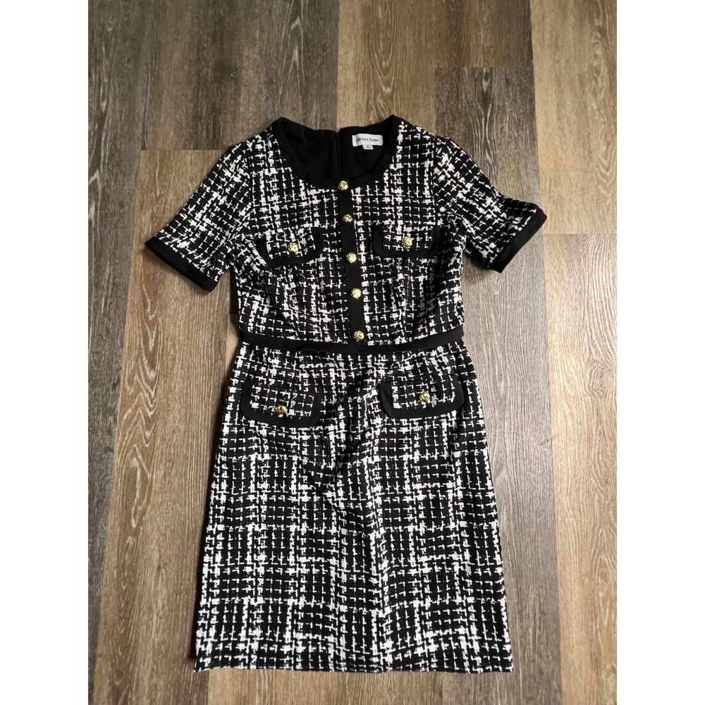 Shelby & Palmer Tweed Sheath Dress Women 6 Black White Gold Button Professional